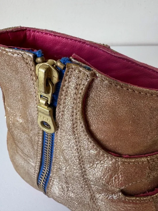 MODERN VICE NYC Handmade Leather Boot Metallic Gold Zip Up Buckle Size 37 Fringe - Picture 11 of 15